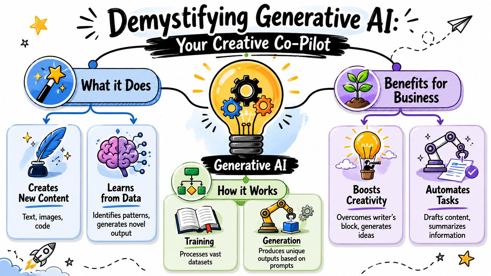An infographic titled Demystifying Generative AI explaining its function, business benefits, and underlying technical process.