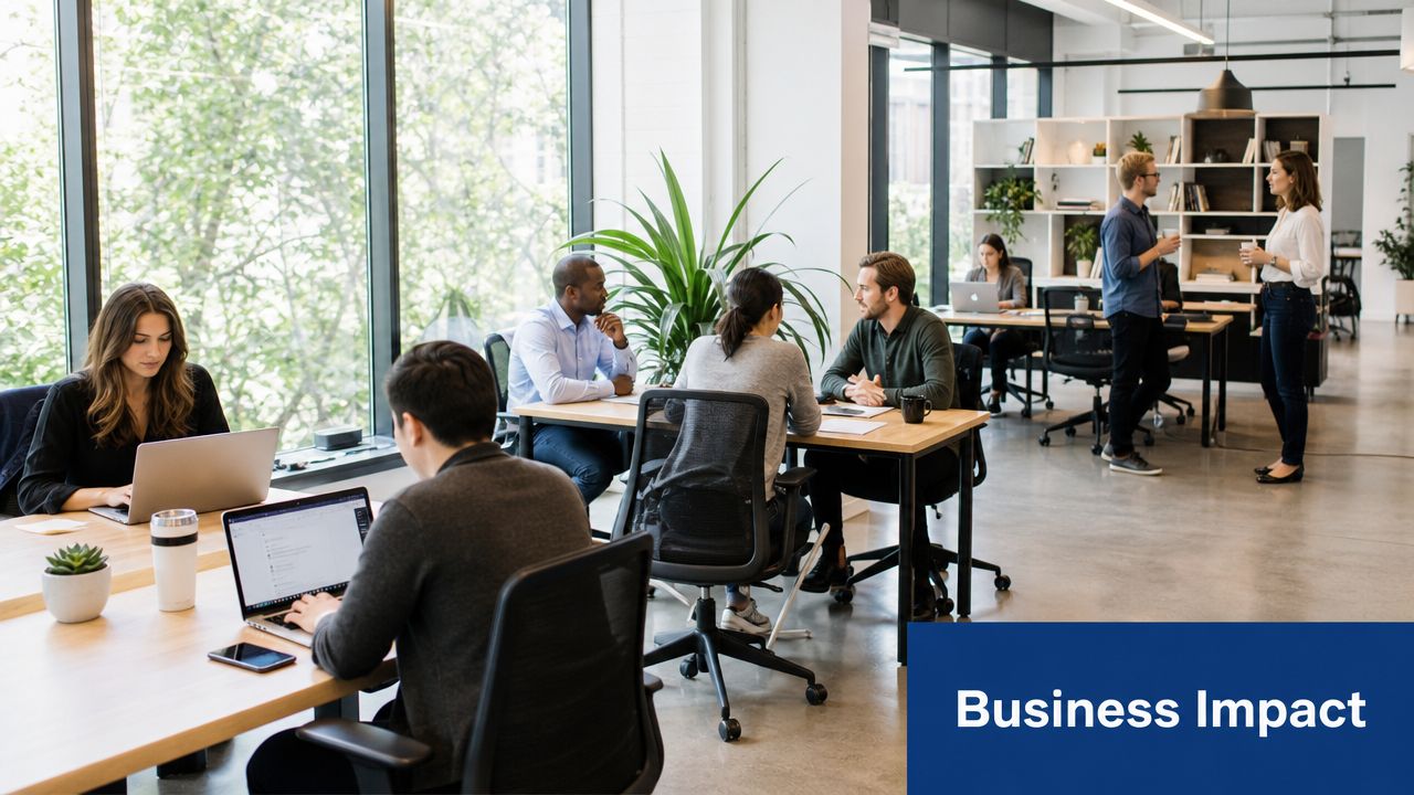 A professional team collaborating in a modern, well-lit open-plan office setting with desks and laptops.