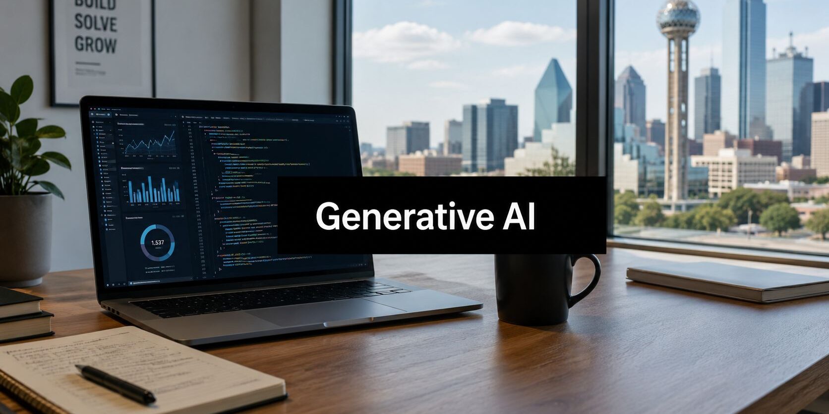 generative-ai-for-business-workspace-setup Laptop on a wooden desk shows code and charts, with a city skyline outside and a 'Generative AI' banner overlaying the screen area.