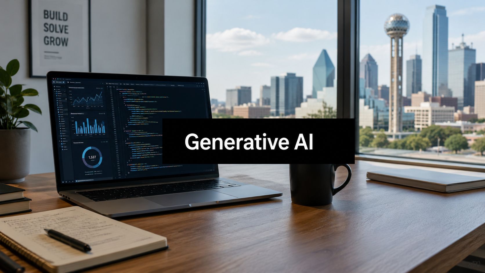 Laptop on a wooden desk shows code and charts, with a city skyline outside and a 'Generative AI' banner overlaying the screen area.