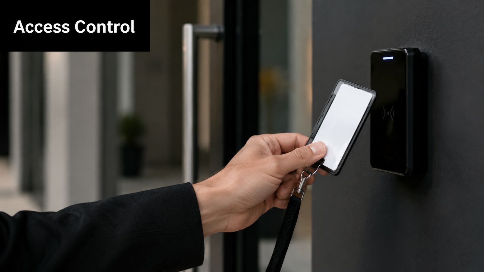 A professional holding a security badge near a digital key card reader on a dark wall.