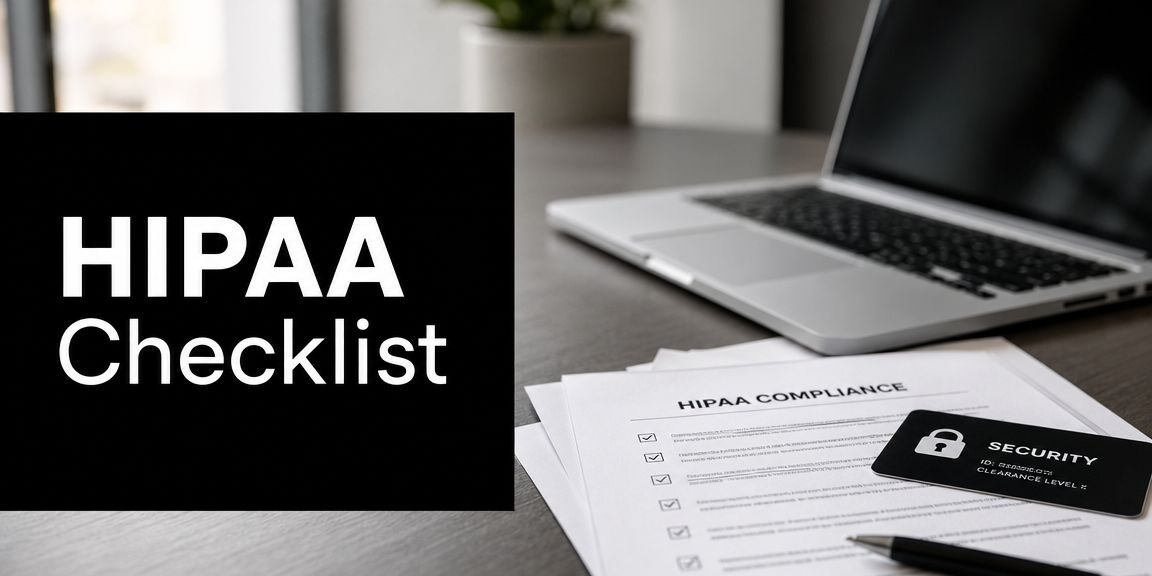 hipaa-risk-assessment-checklist-compliance-checklist HIPAA Checklist sign on a desk beside HIPAA compliance forms, a security card, and a laptop.