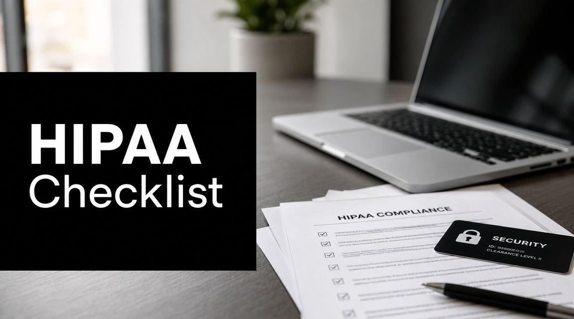 HIPAA Checklist sign on a desk beside HIPAA compliance forms, a security card, and a laptop.
