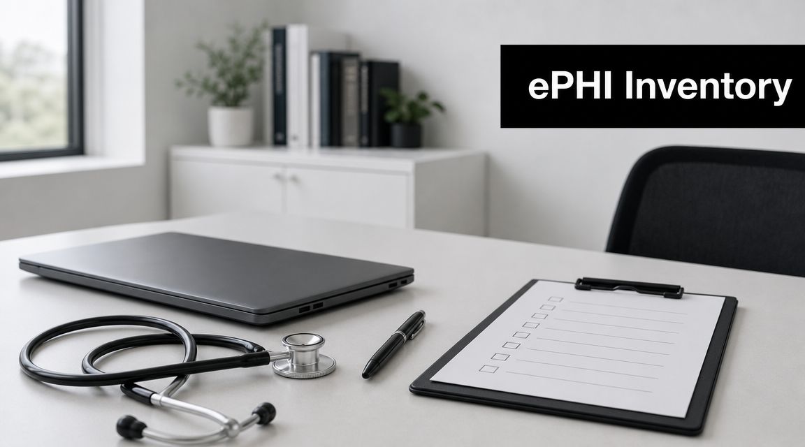 A medical office desk featuring a stethoscope, laptop, and a blank checklist for HIPAA compliance assessment.