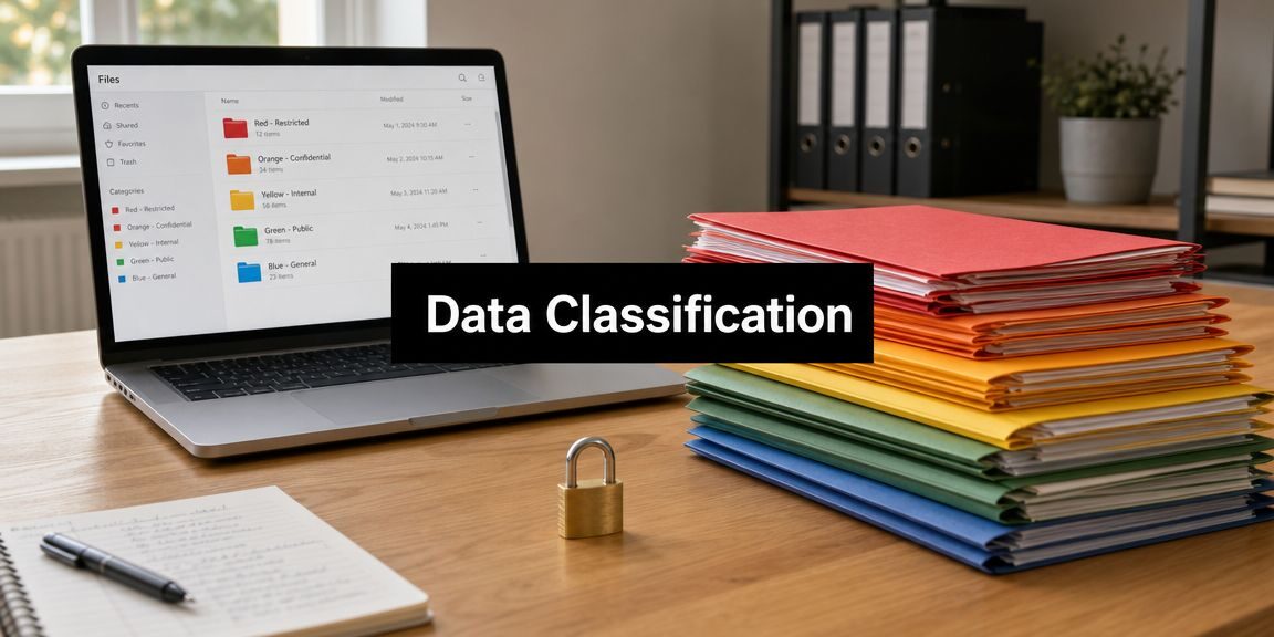 image-4 Desk setup illustrating data classification: laptop with a file browser, a padlock, and a rainbow stack of colored folders labeled Data Classification.