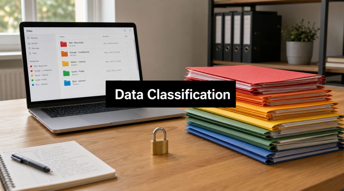 Desk setup illustrating data classification: laptop with a file browser, a padlock, and a rainbow stack of colored folders labeled Data Classification.