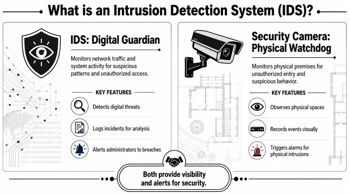 A comparison graphic explaining an intrusion detection system alongside a physical security camera for security awareness.