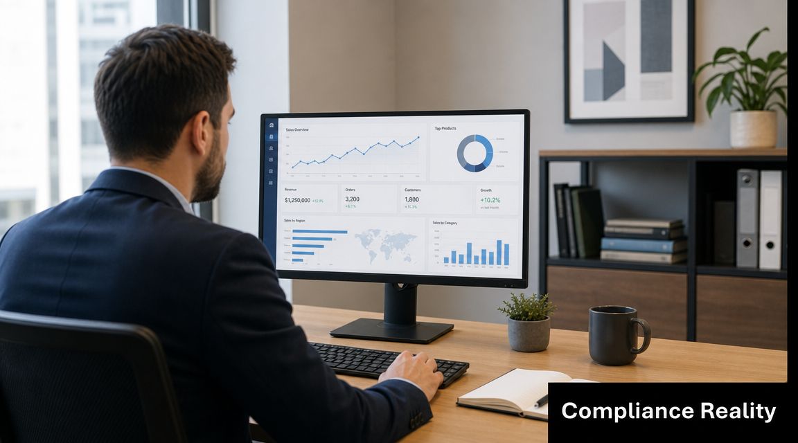 A professional man in a business suit analyzing data dashboards on a computer screen in an office.