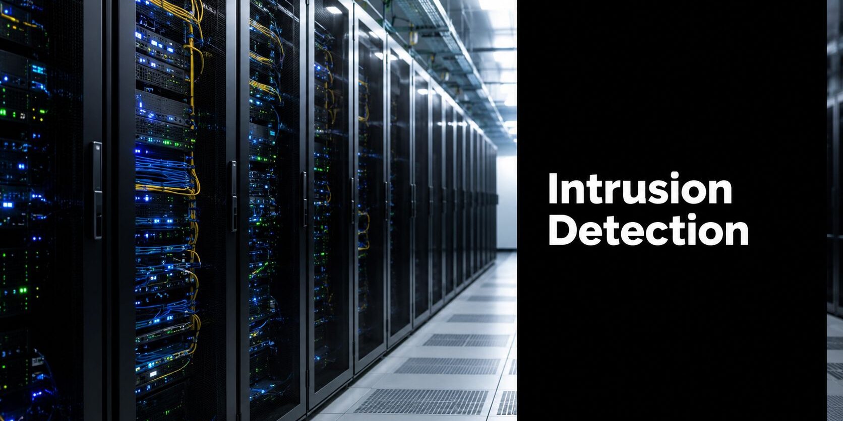 intrusion-detection-systems-data-center Rows of server racks in a data center with blue/yellow cables, beside a black panel that says 'Intrusion Detection'.