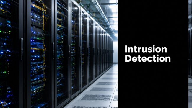 Rows of server racks in a data center with blue/yellow cables, beside a black panel that says 'Intrusion Detection'.