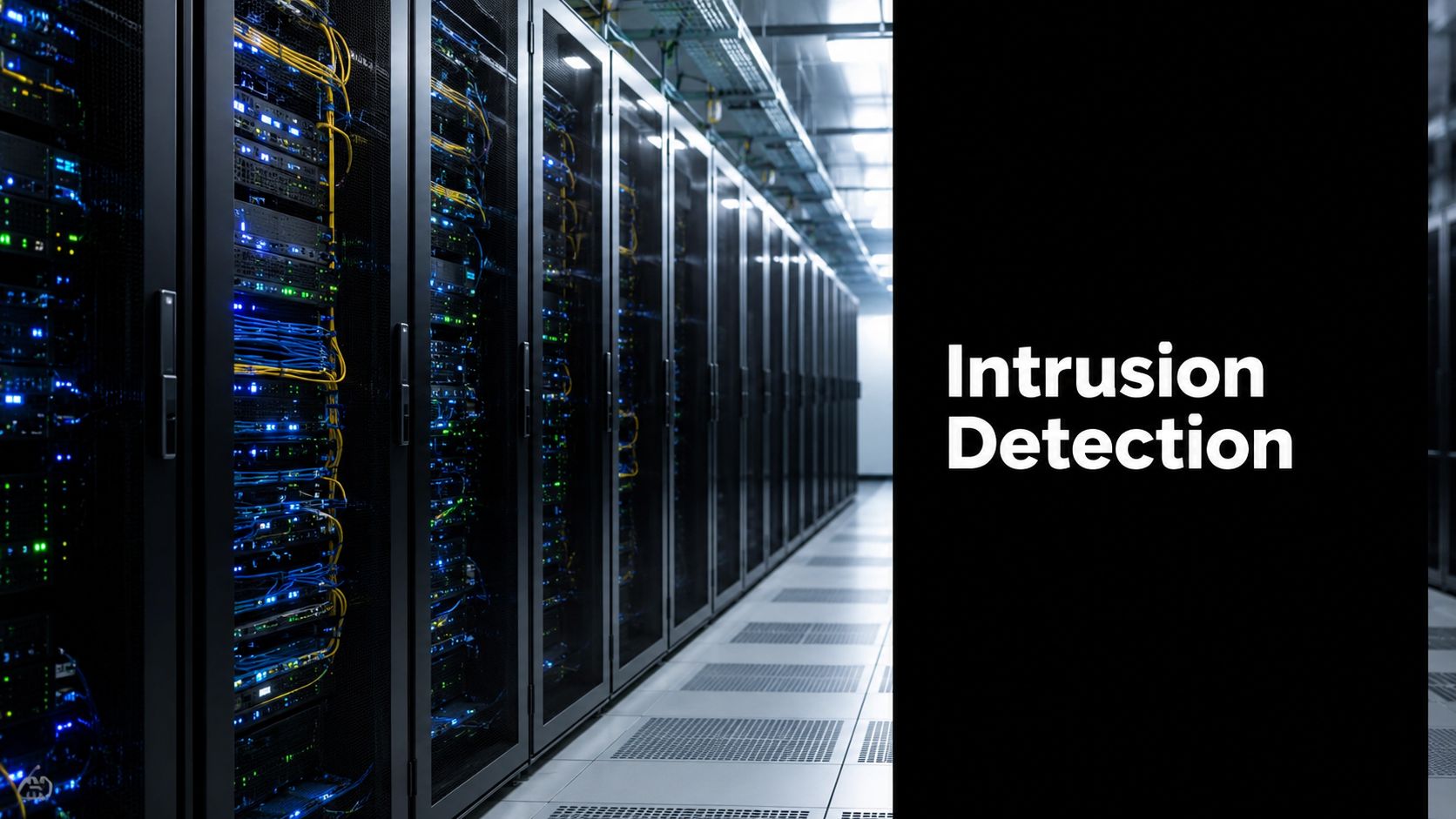 Rows of server racks in a data center with blue/yellow cables, beside a black panel that says 'Intrusion Detection'.