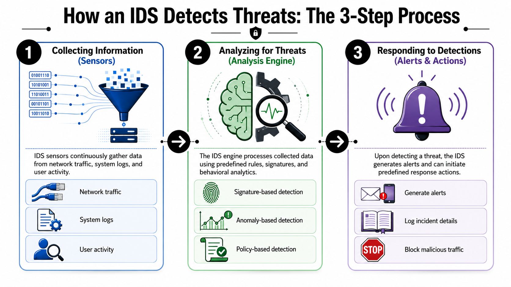 A diagram illustrating the three-step process of how an Intrusion Detection System identifies and handles security threats.