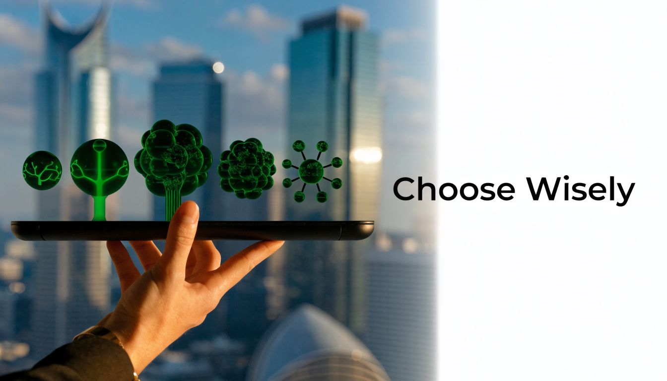 A hand holding a digital tablet displaying various green growth icons against a city office background.