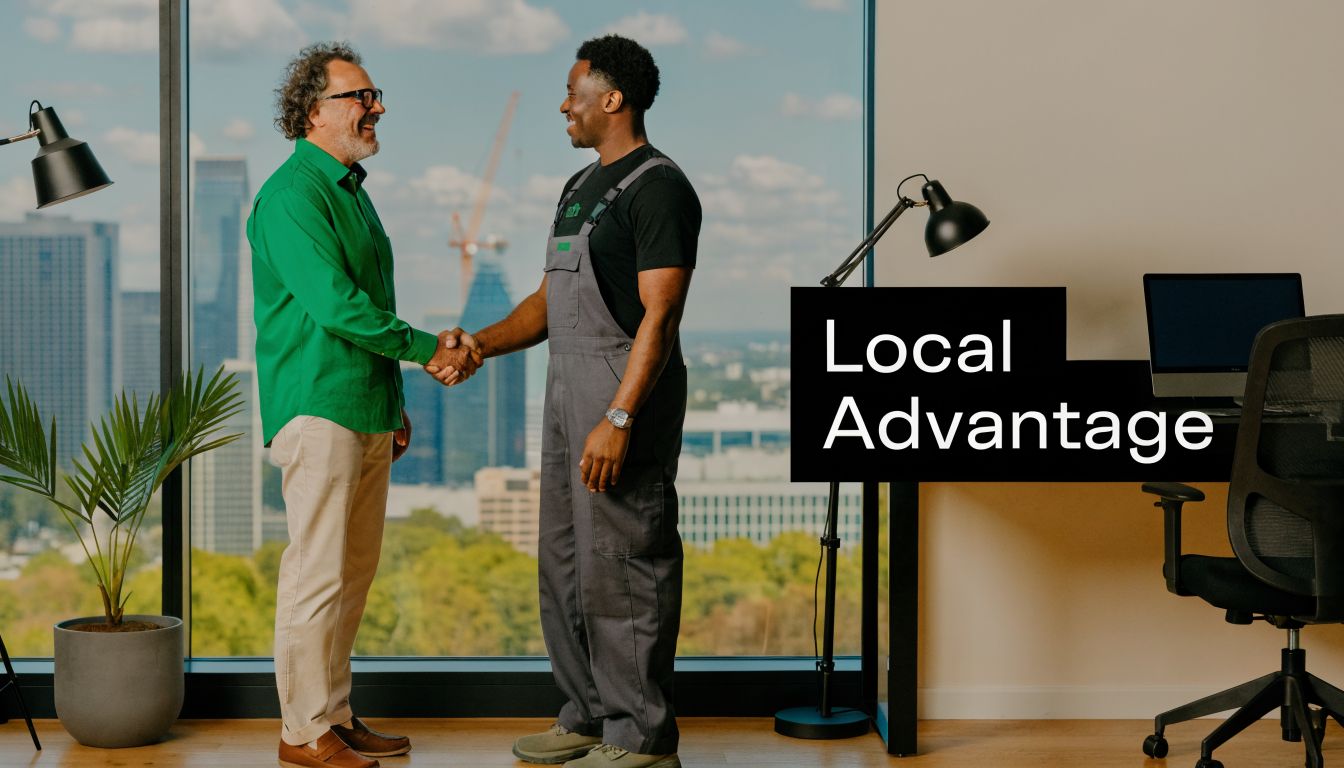 A professional handshake between a man in a green shirt and a technician in grey coveralls.