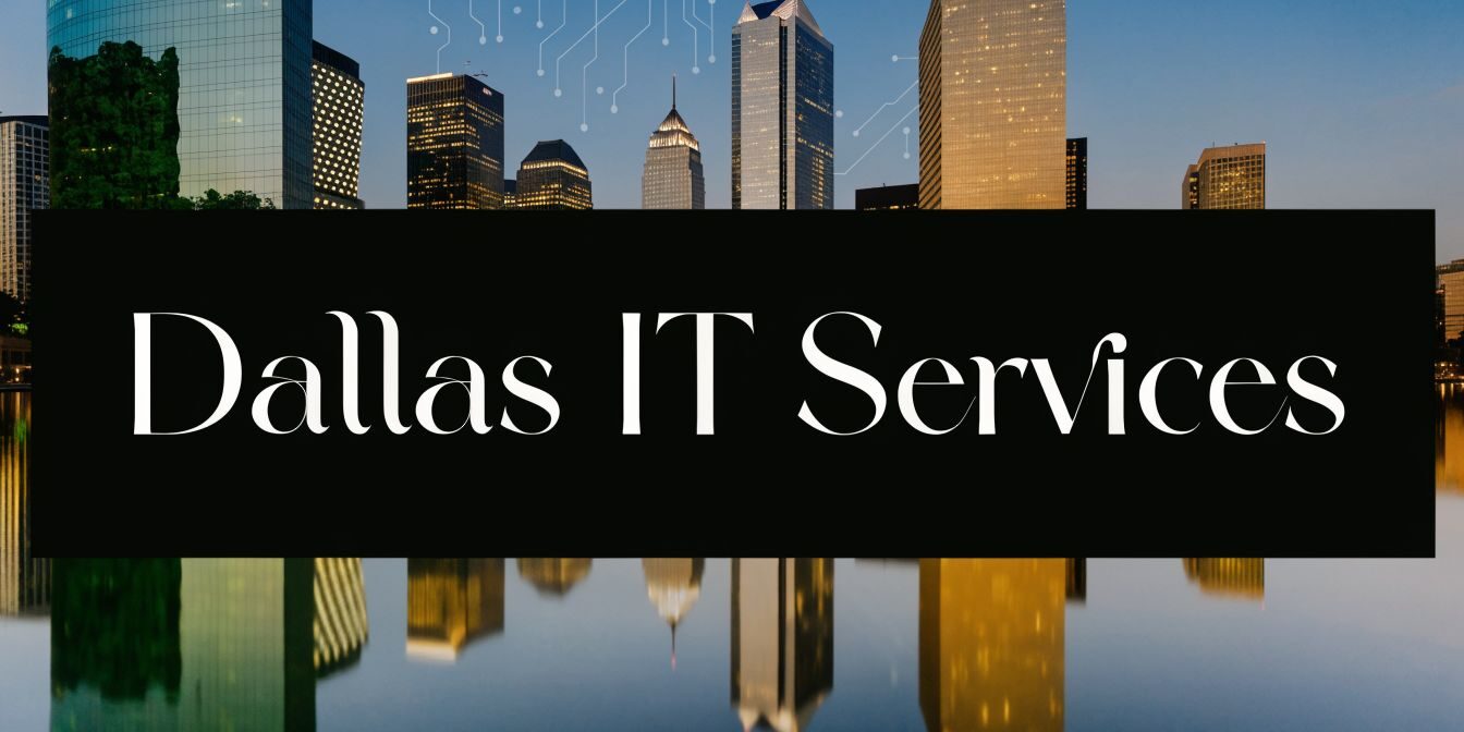 Dallas IT Services banner over a night skyline of Dallas with a reflection in the water.