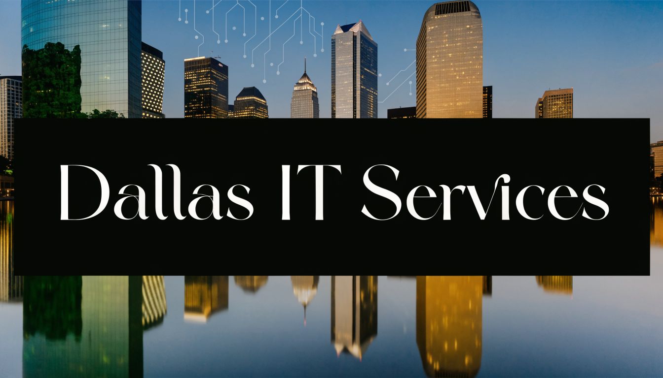 Dallas IT Services banner over a night skyline of Dallas with a reflection in the water.