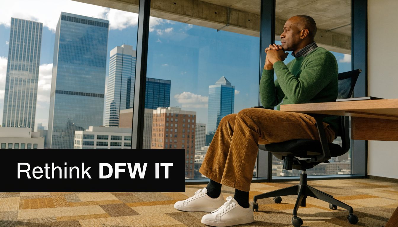 A professional man sitting at an office desk looking out a window at a city skyline.