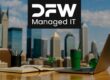 DFW Managed IT logo over a city skyline; desk with notebook, laptop, pen cup and green tumbler.