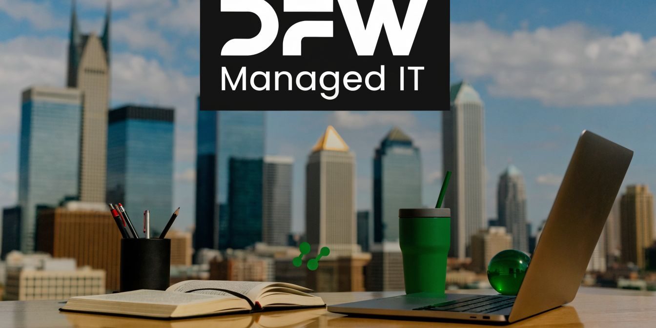 DFW Managed IT logo over a city skyline; desk with notebook, laptop, pen cup and green tumbler.
