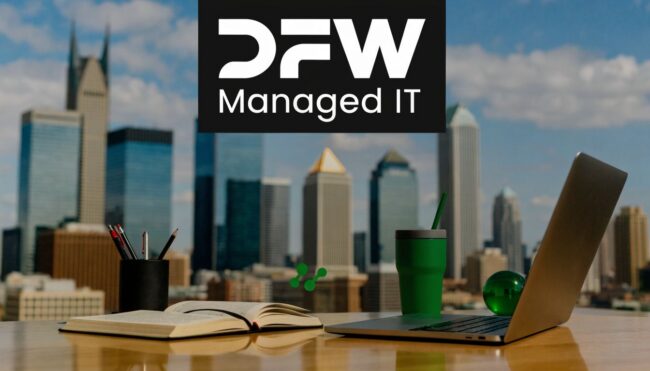 managed-it-services-dallas-fort-worth-office-desk DFW Managed IT logo over a city skyline; desk with notebook, laptop, pen cup and green tumbler.