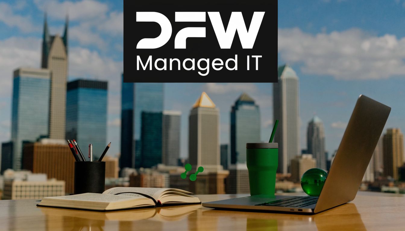 DFW Managed IT logo over a city skyline; desk with notebook, laptop, pen cup and green tumbler.
