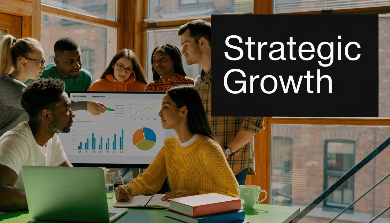A diverse group of professional colleagues collaborating in a bright, modern office space during a business strategy meeting.