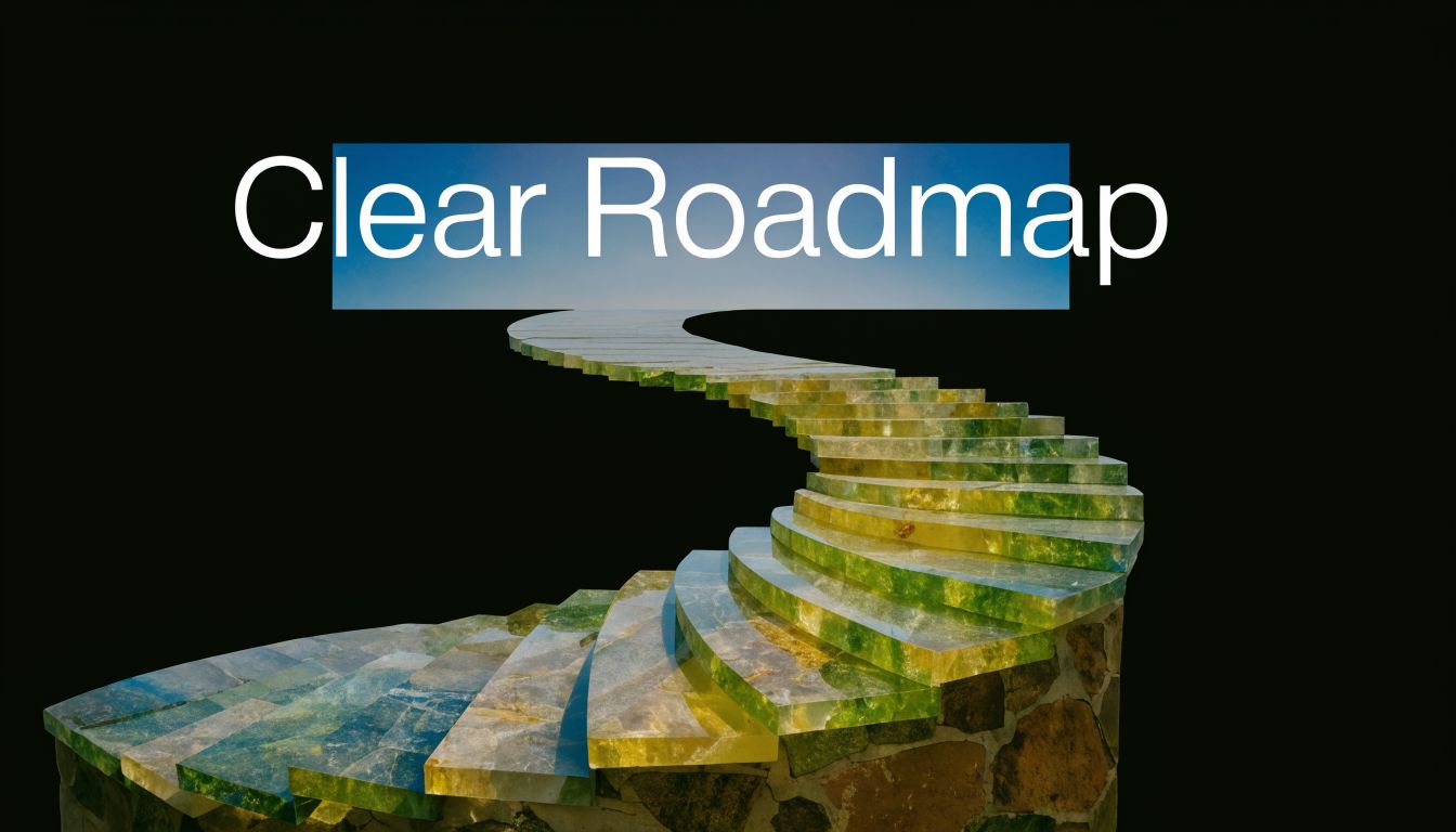 A conceptual image showing a transparent stairway leading upward into the sky with the words Clear Roadmap.