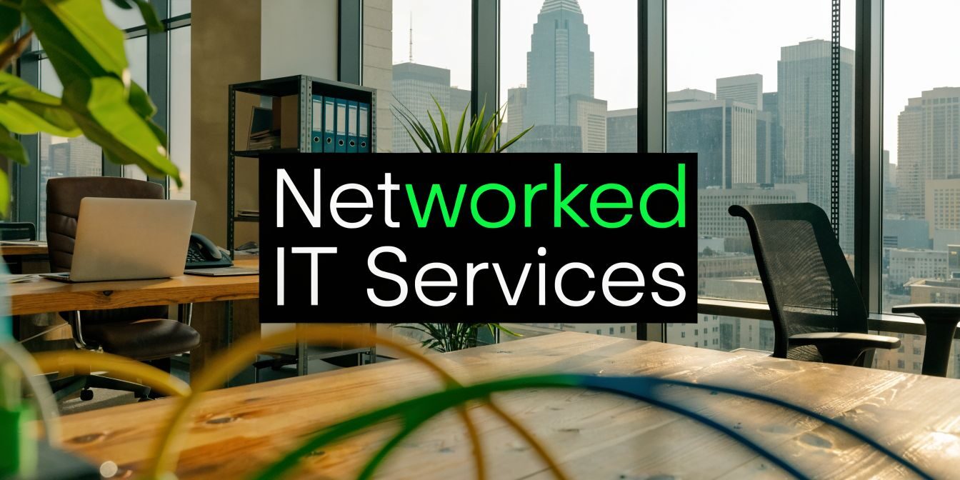 Office with a laptop on a wooden desk and a bold black sign that reads 'Networked IT Services' against a city skyline window backdrop