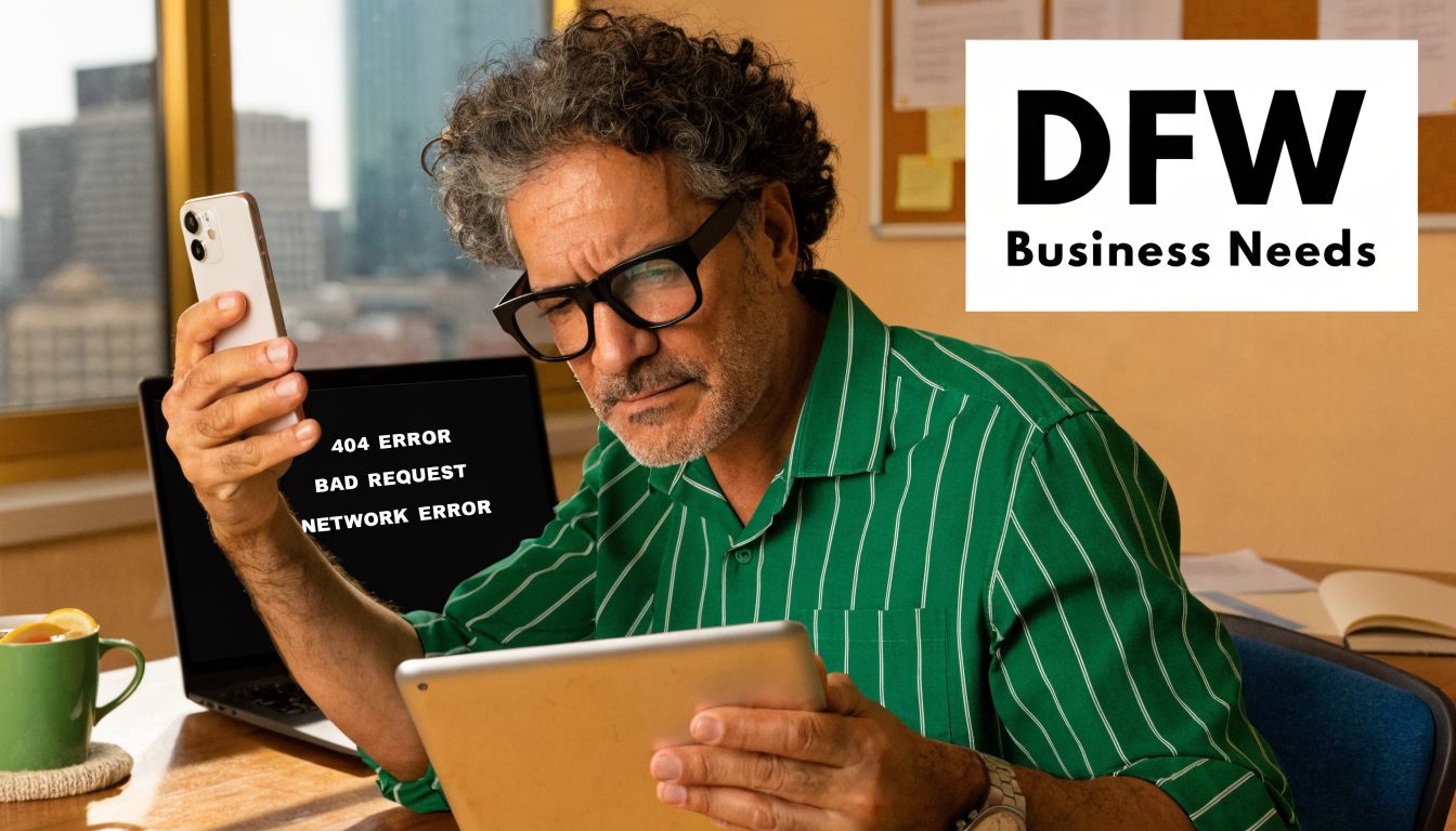 A concerned business man looking at his smartphone while experiencing network connectivity issues in his office.