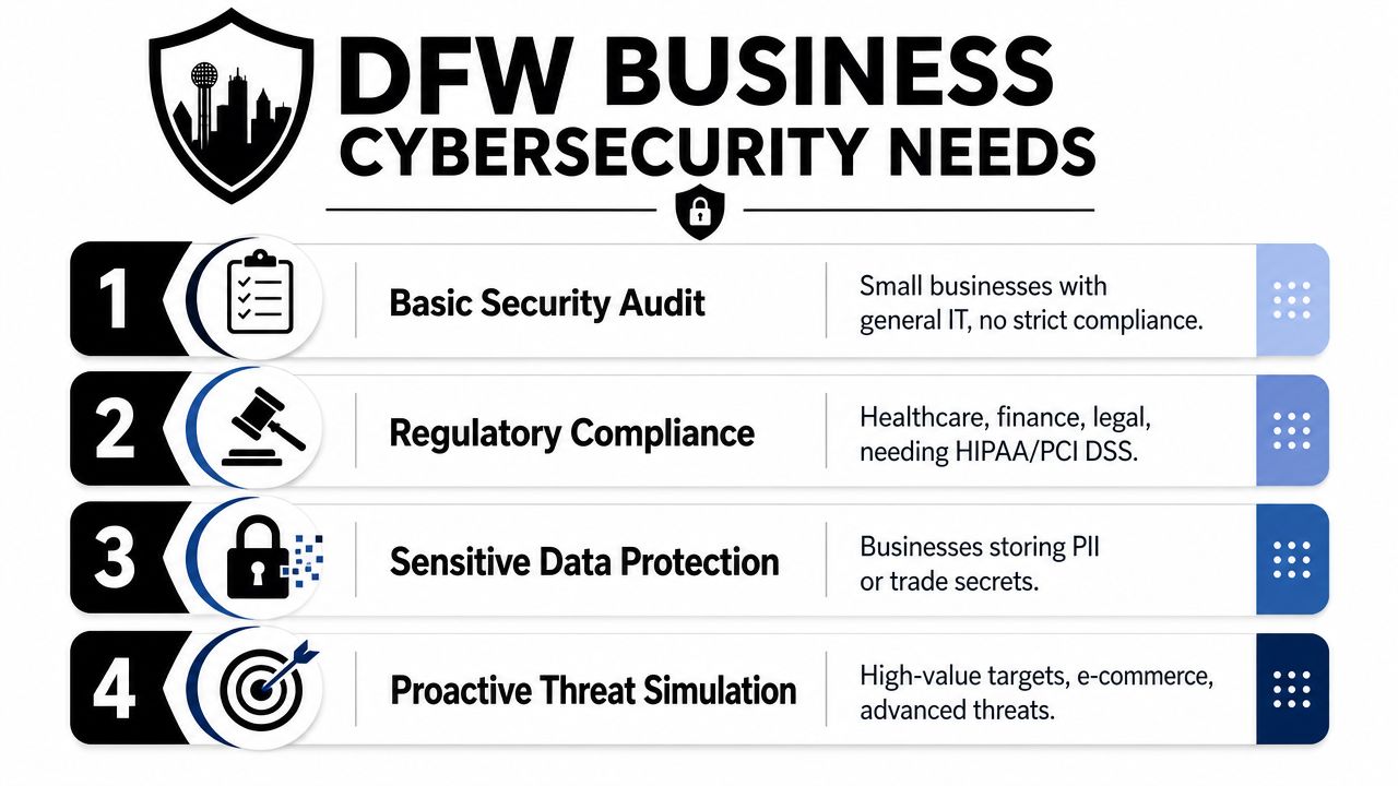 An infographic titled DFW Business Cybersecurity Needs listing four levels of security services for Dallas businesses.