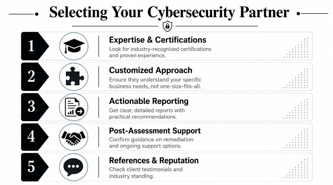 A five-point infographic detailing how to select the right cybersecurity partner for vulnerability and penetration testing services.