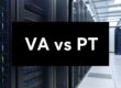 Data center with rows of server racks and a black sign that reads 'VA vs PT' in white letters.