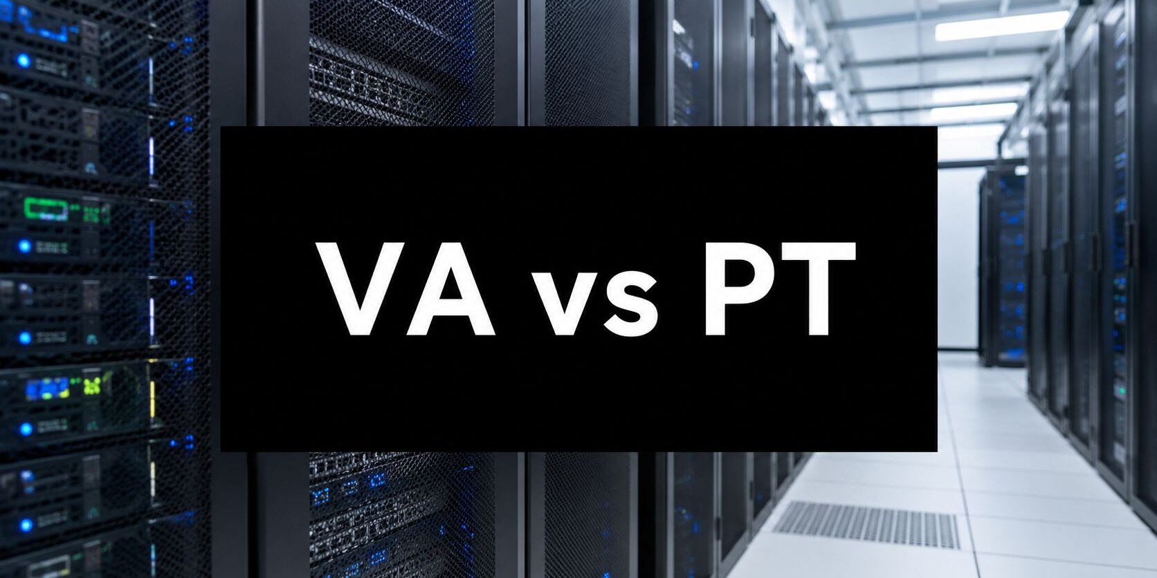 vulnerability-assessment-vs-penetration-testing-data-center Data center with rows of server racks and a black sign that reads 'VA vs PT' in white letters.