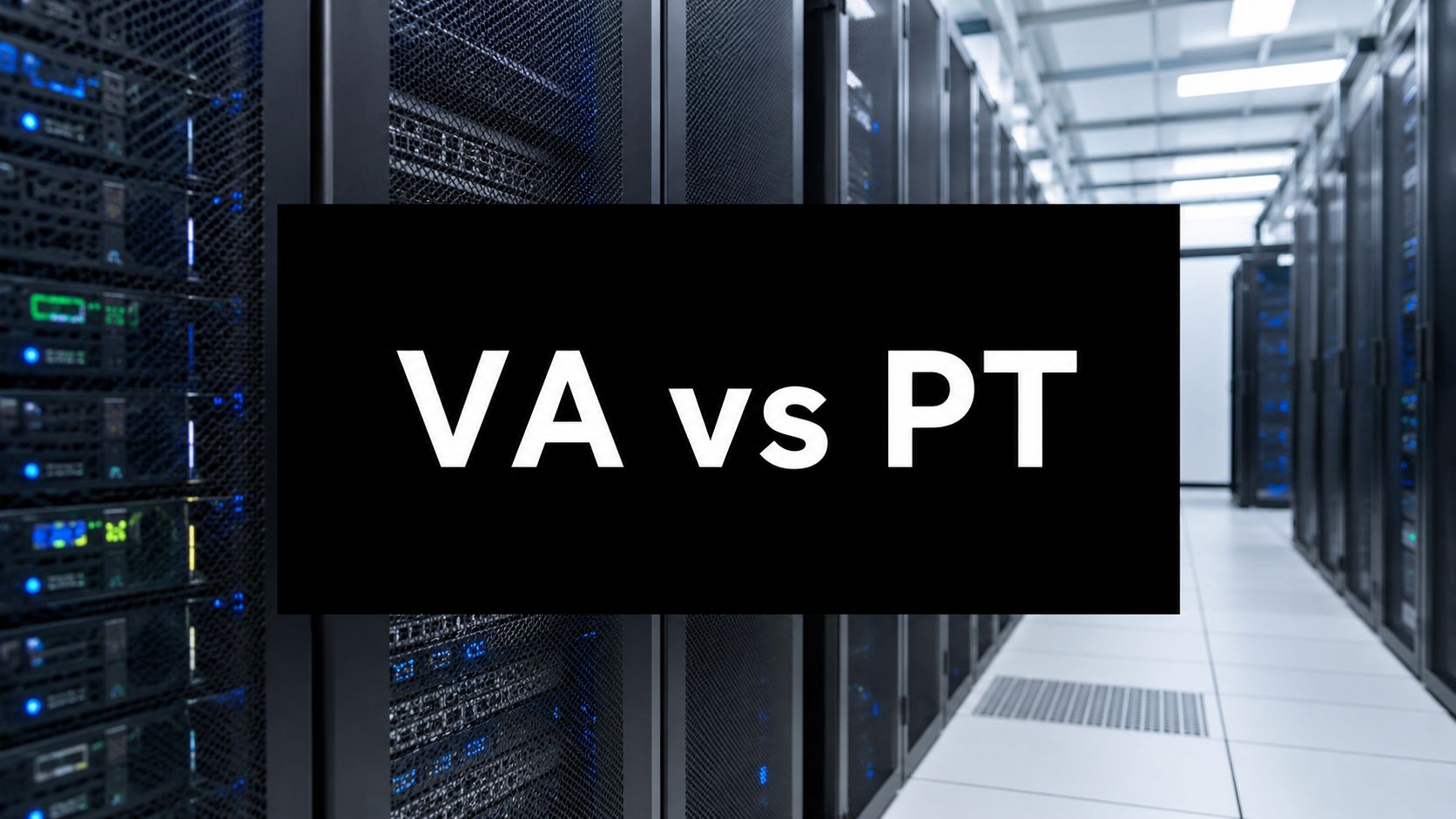 Data center with rows of server racks and a black sign that reads 'VA vs PT' in white letters.
