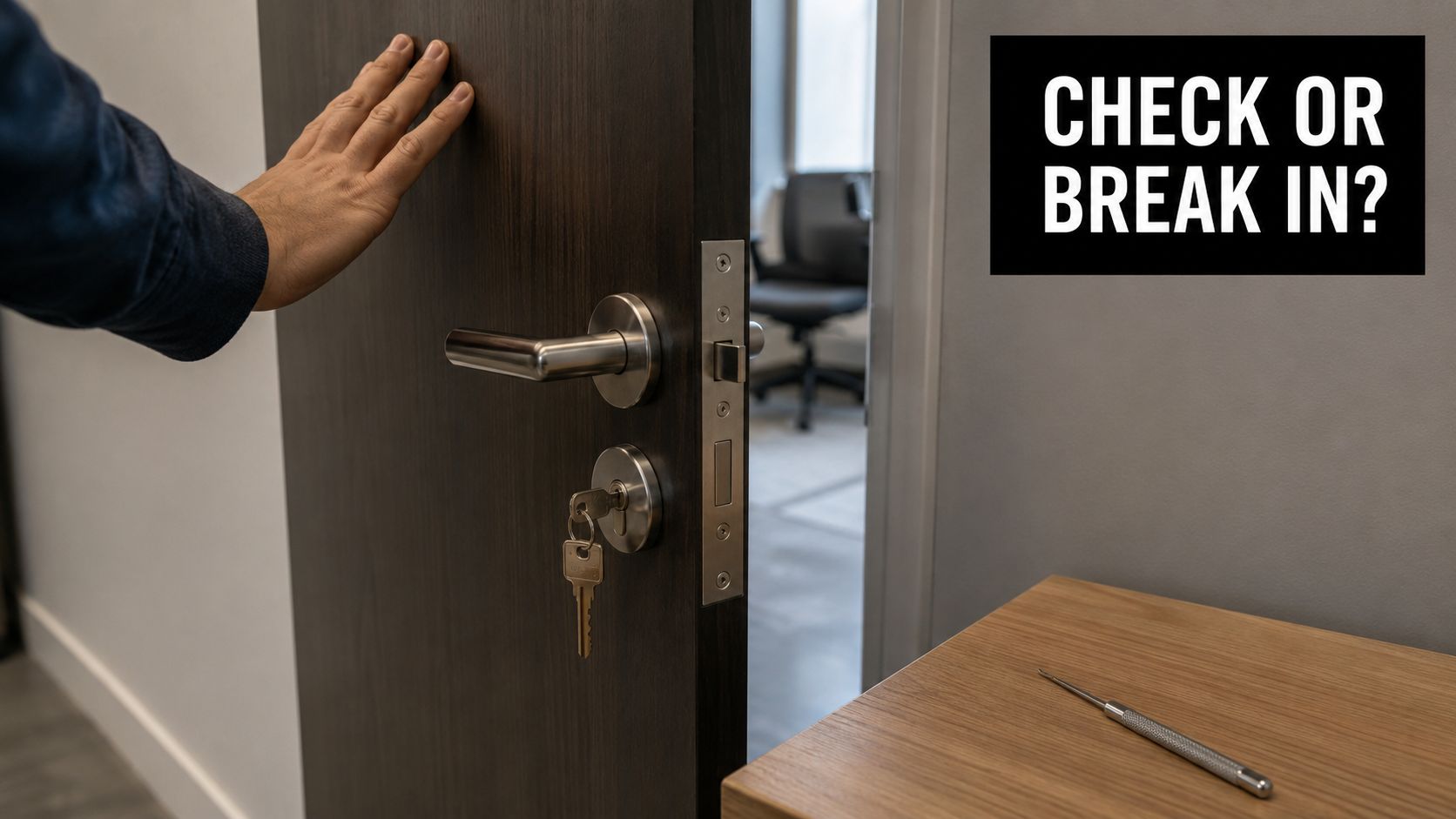 A hand touches a dark office door with a key in the lock, next to a lock-picking tool.