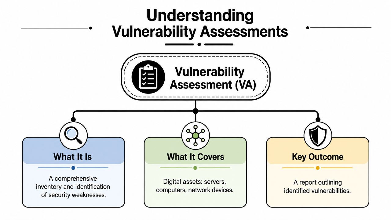 A diagram outlining the definition, scope, and key outcomes of a vulnerability assessment in cybersecurity.