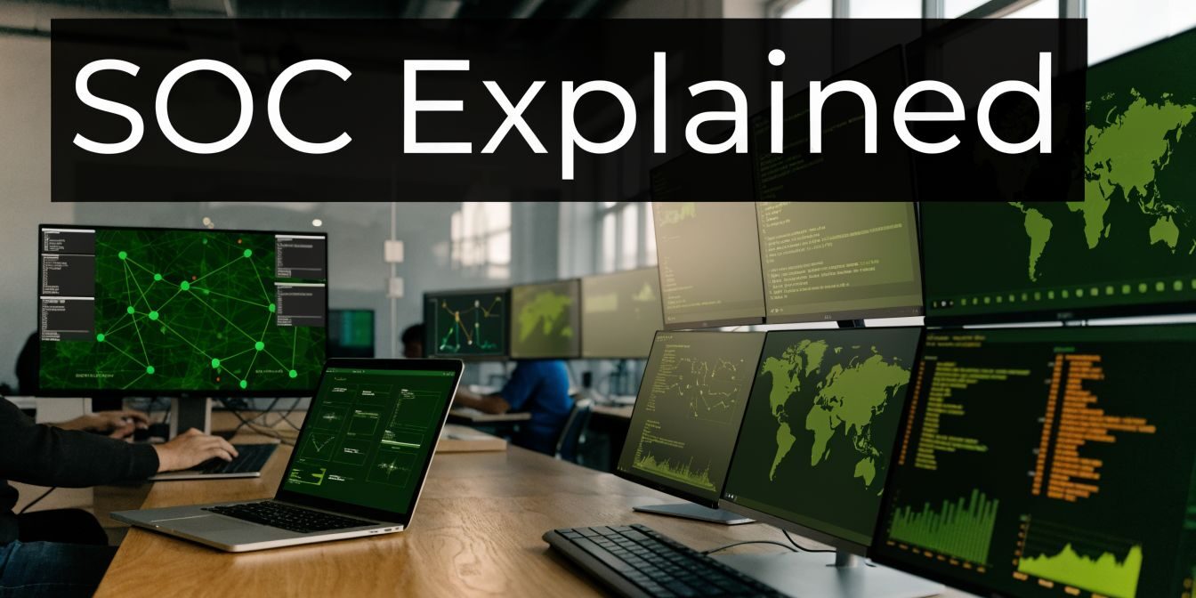 what-is-a-security-operations-center-cybersecurity-monitoring A data operations center with multiple monitors displaying maps and graphs, overlaid by the words 'SOC Explained'.