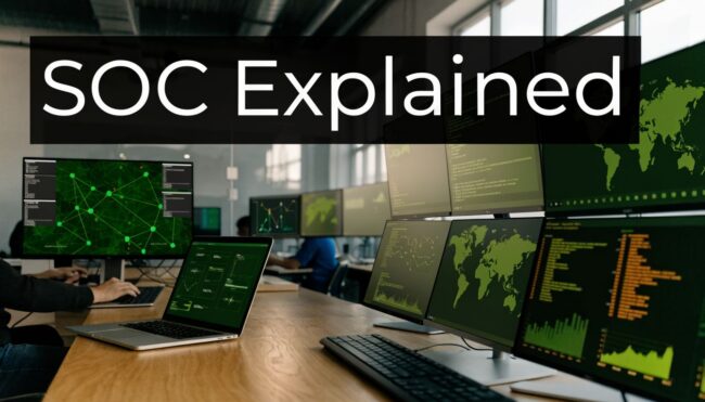 A data operations center with multiple monitors displaying maps and graphs, overlaid by the words 'SOC Explained'.