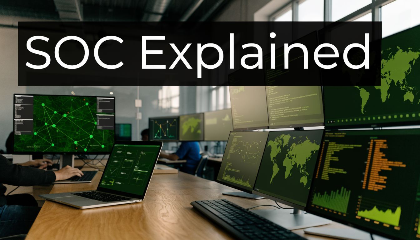 A data operations center with multiple monitors displaying maps and graphs, overlaid by the words 'SOC Explained'.