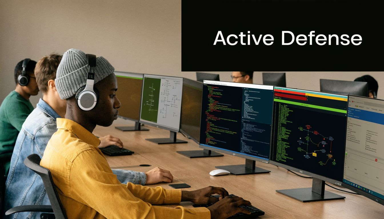 A diverse team of cybersecurity professionals working on code and monitoring systems in a modern office.