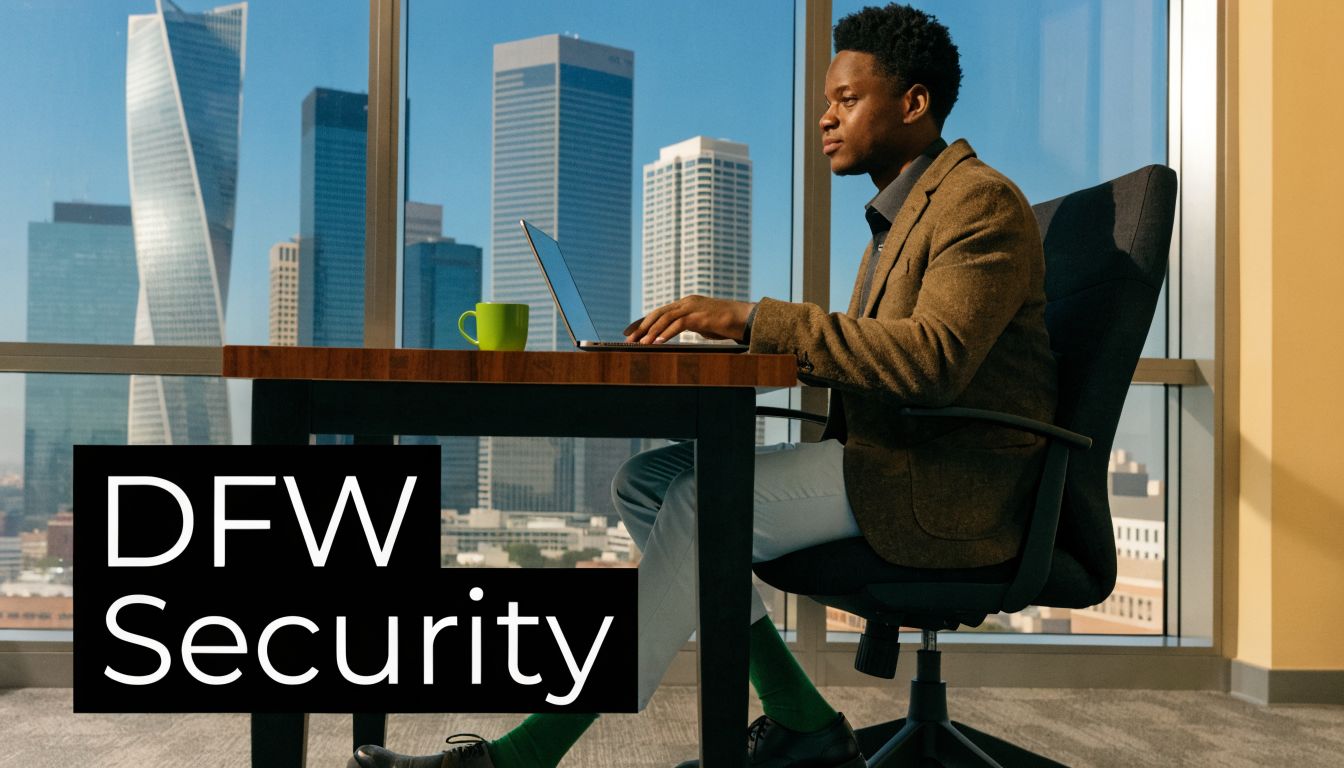 A professional man working on a laptop at an office desk overlooking a city skyline.