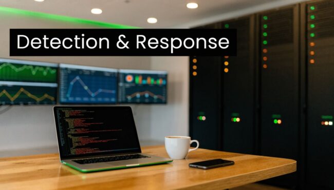 The desk shows a laptop with code, a cup of coffee, and a phone in a data center with server racks; a bold 'Detection & Response' banner overlays the image.