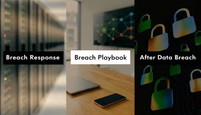 Three-panel infographic about cybersecurity: left panel Breach Response with a server room, middle panel Breach Playbook on a desk with laptop and phone, right panel After Data Breach with colorful locks.