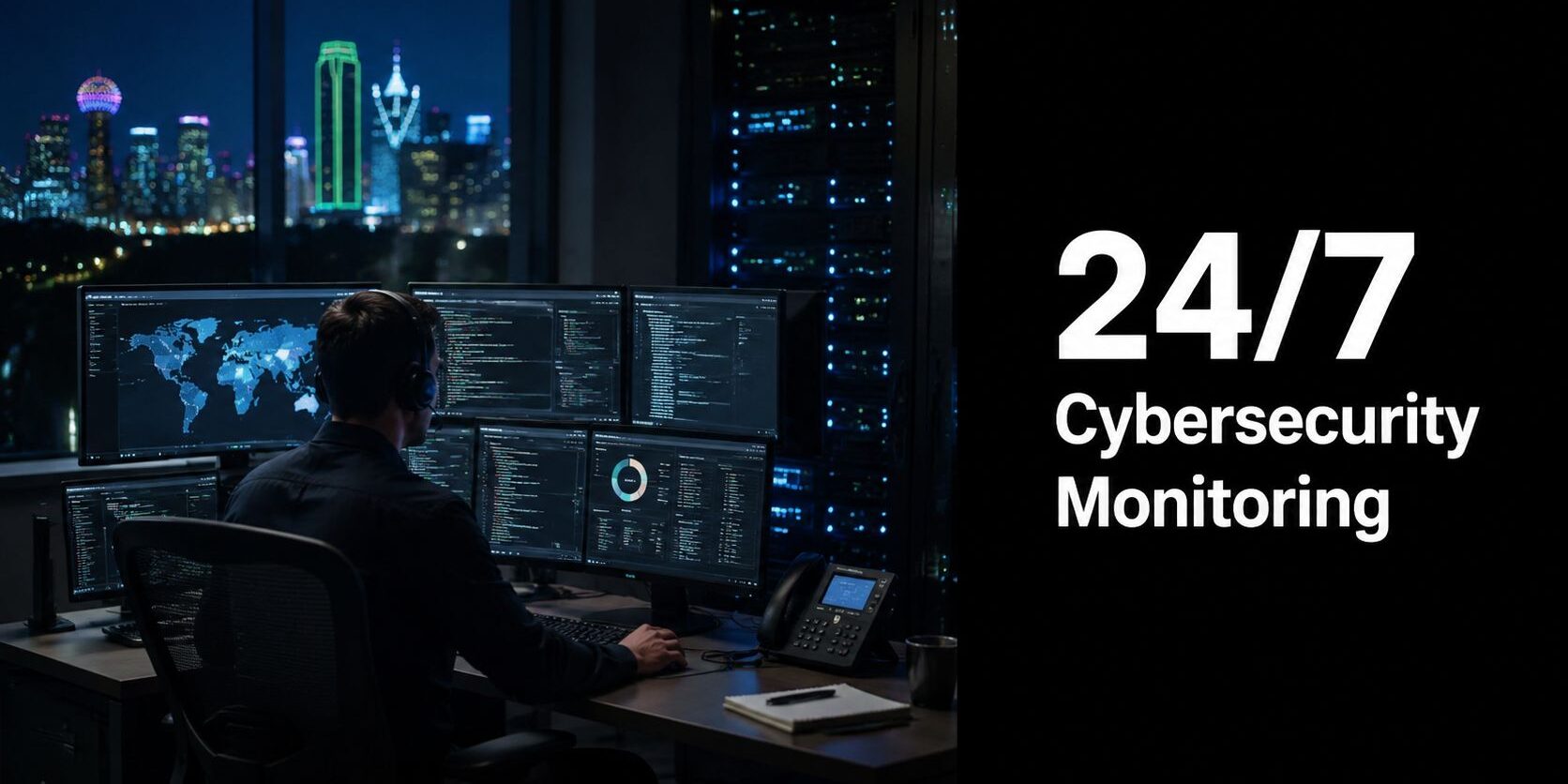 24-7-cybersecurity-monitoring-security-analyst Security analyst at a dark, multi-monitor workstation monitoring cyber data, with a city skyline outside the window and a bold 24/7 Cybersecurity Monitoring sign to the right.