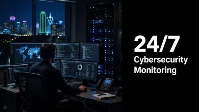 24-7-cybersecurity-monitoring-security-analyst Security analyst at a dark, multi-monitor workstation monitoring cyber data, with a city skyline outside the window and a bold 24/7 Cybersecurity Monitoring sign to the right.