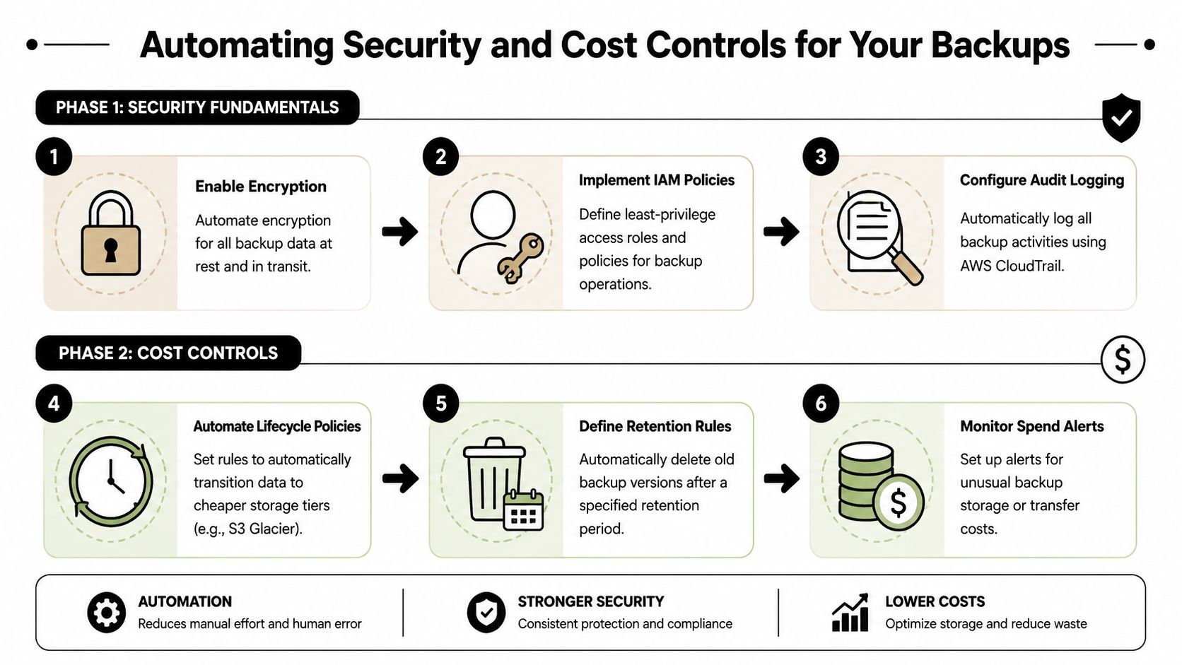 A diagram illustrating a two-phase strategy for automating security and cost controls in cloud data backups.