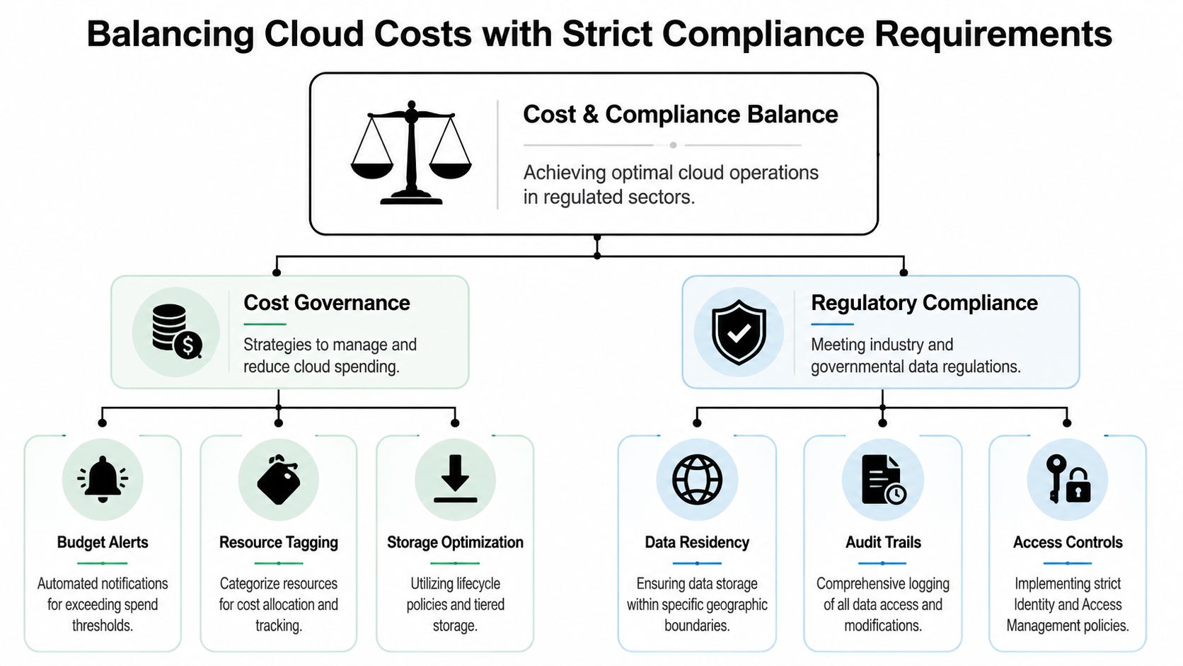 A flowchart showing how to balance cloud costs and regulatory compliance in business operations.