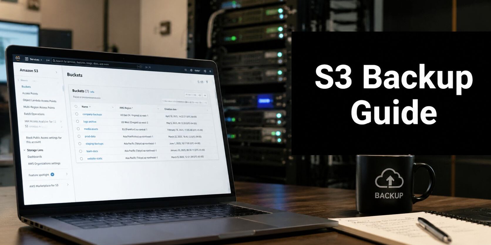 cloud-migration-services-s3-backup Laptop screen shows AWS S3 Buckets UI beside a black BACKUP mug on a wooden desk, with a server rack in the background and a big 'S3 Backup Guide' title on screen/board.