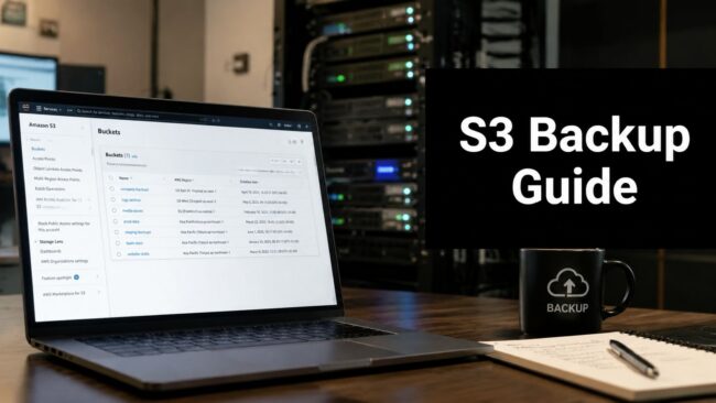 cloud-migration-services-s3-backup Laptop screen shows AWS S3 Buckets UI beside a black BACKUP mug on a wooden desk, with a server rack in the background and a big 'S3 Backup Guide' title on screen/board.