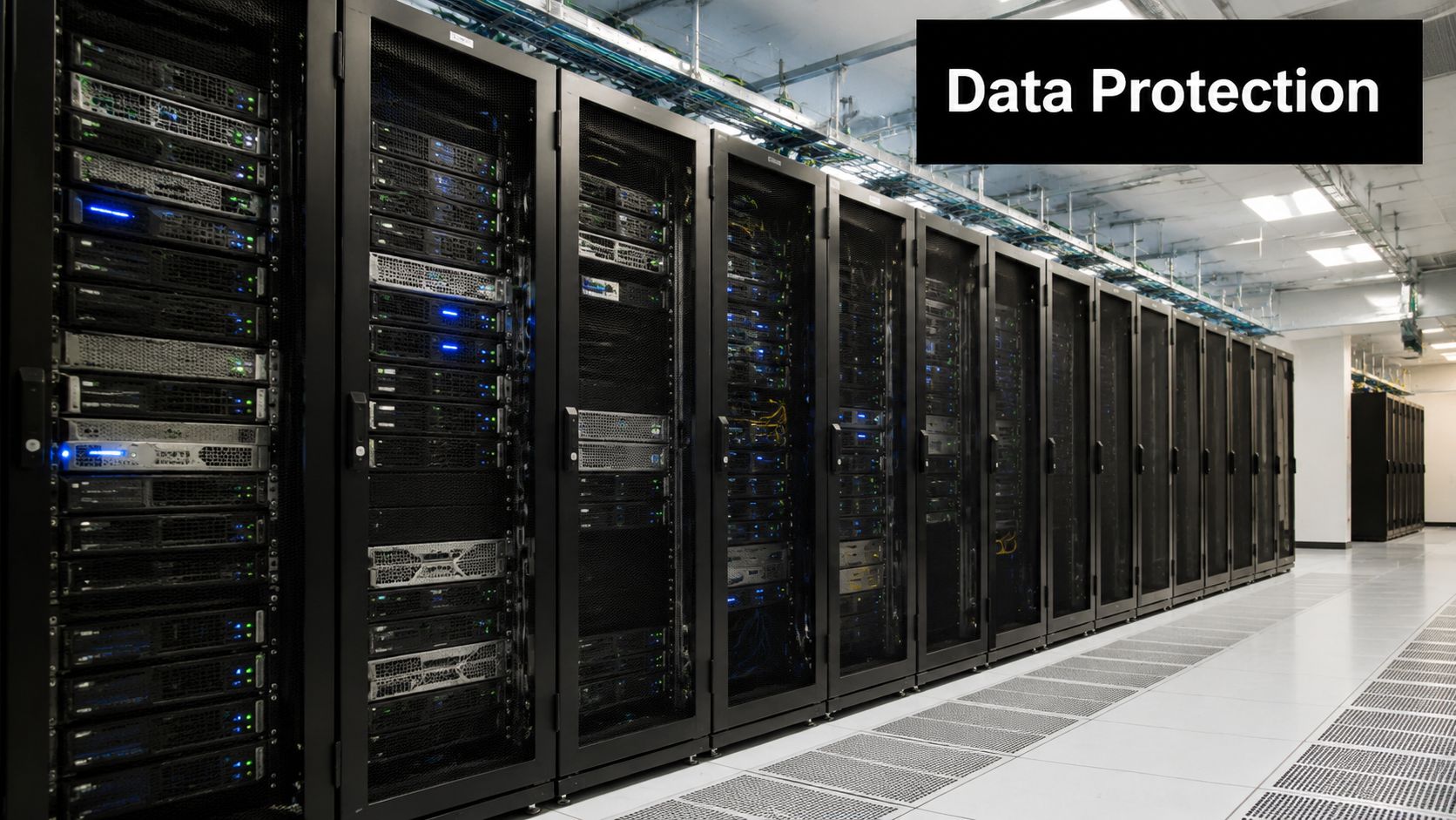 Rows of server racks inside a professional data center facility equipped with secure data protection systems.